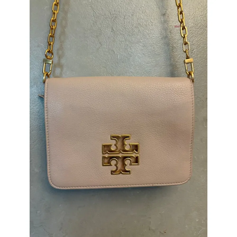 Tory Burch Britten Combo Crossbody Bag Pebbled Leather Chain Purse Gold Logo